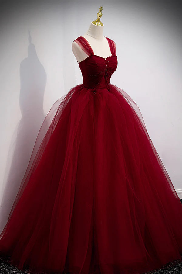 Wholesale Burgundy Tulle Long A-Line Evening Dress Off the Shoulder Formal Party Dress